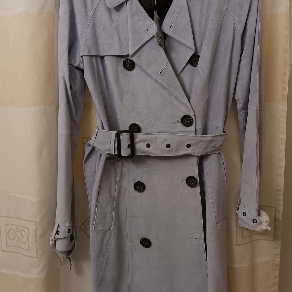 Brand New Neiman Marcus Blue Leather Suede Trench Coat
